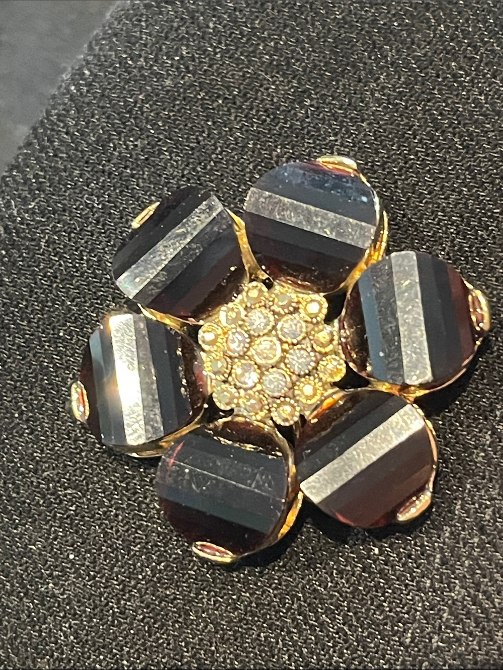 Amethyst Thermoset Lucite Flower Brooch with Rhinestone center